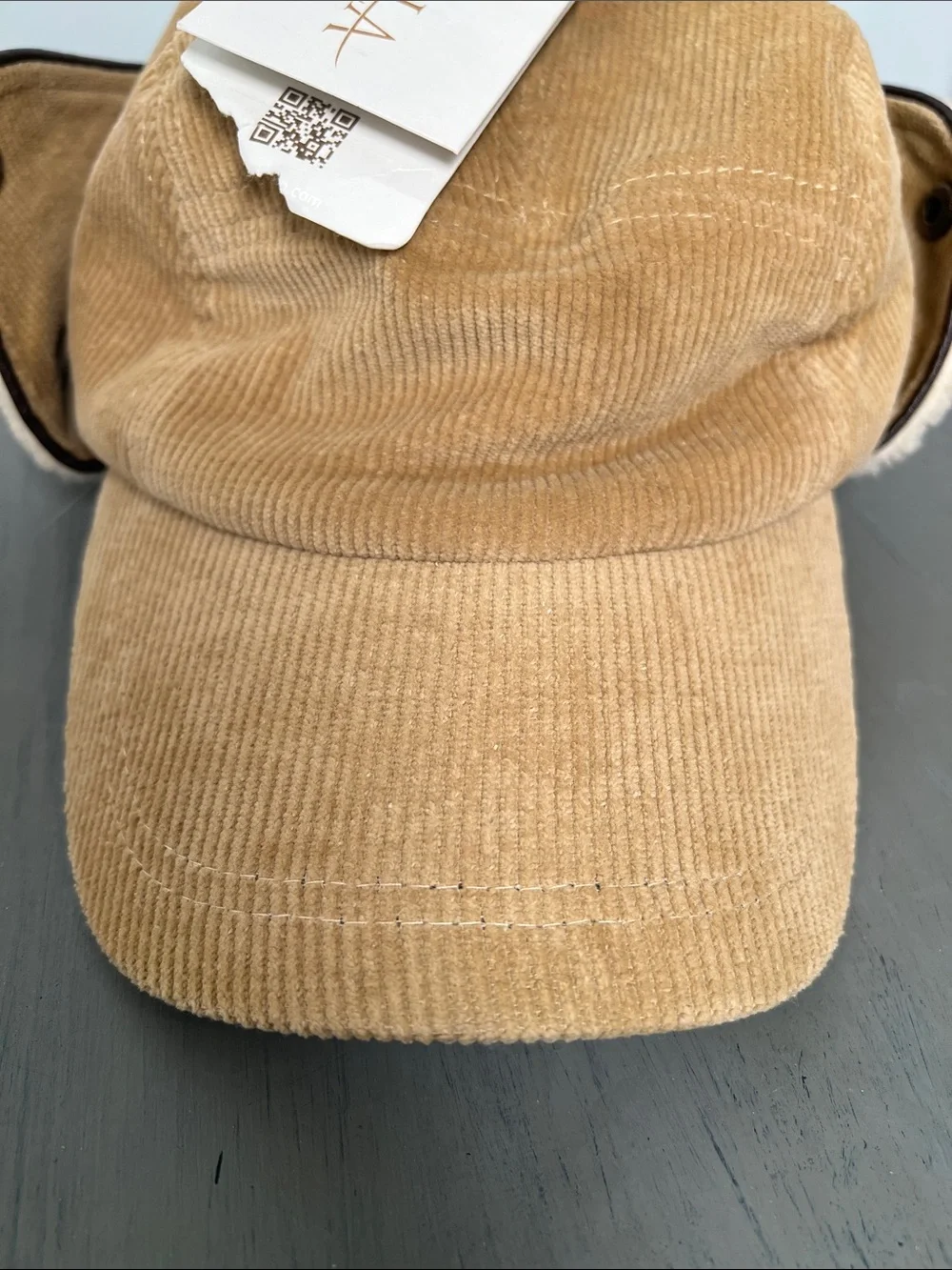 Scala Corduroy Earflap Cap in Tan with Cream Shearling